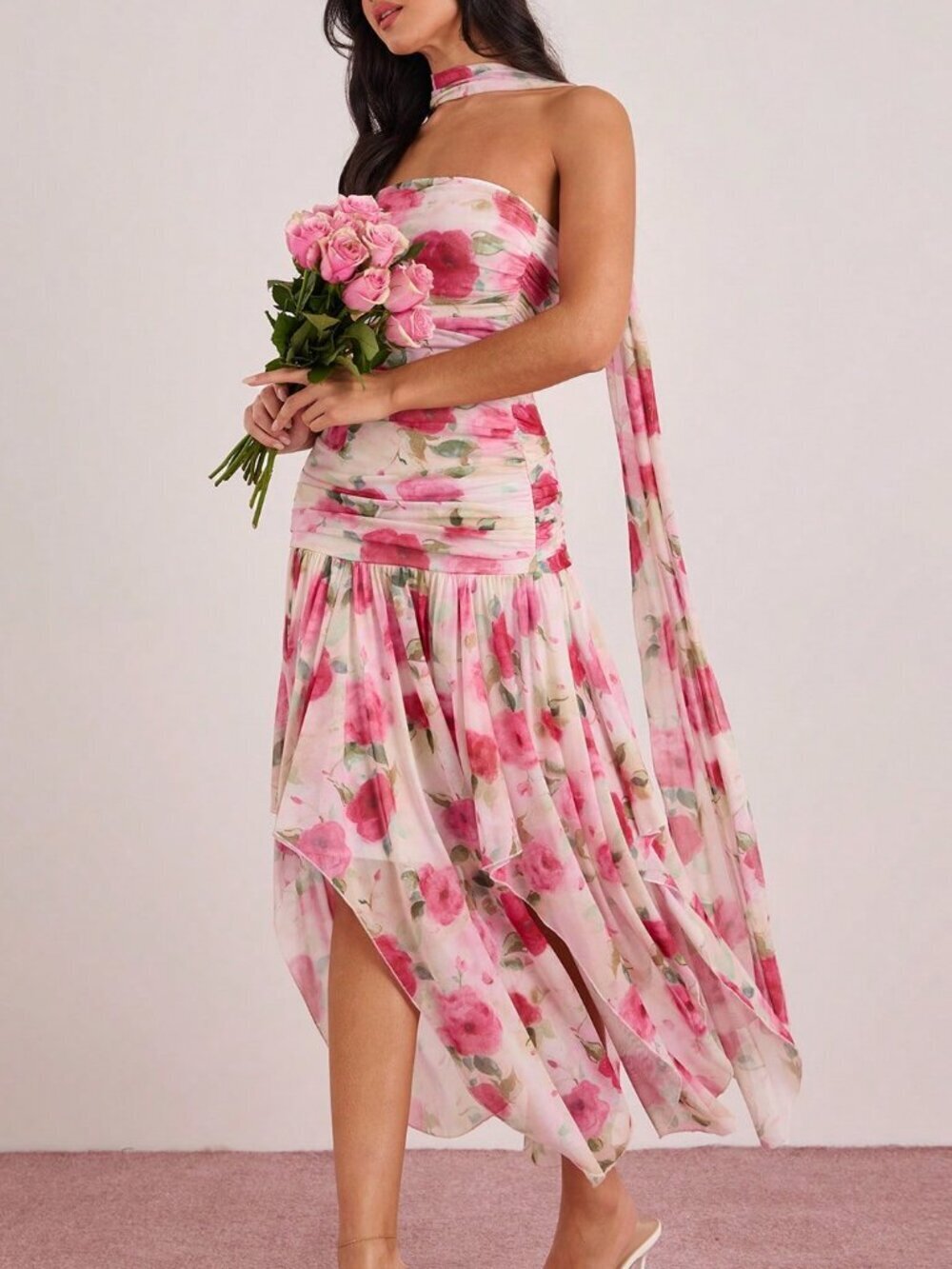 Multicolor Women's Romantic & Floral Print Ruched Fitted Maxi Tube Dress